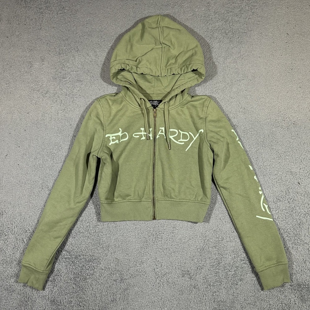 Ed Hardy Cropped Zip Up Hoodie Womens Medium Olive Green EHWG1005-3